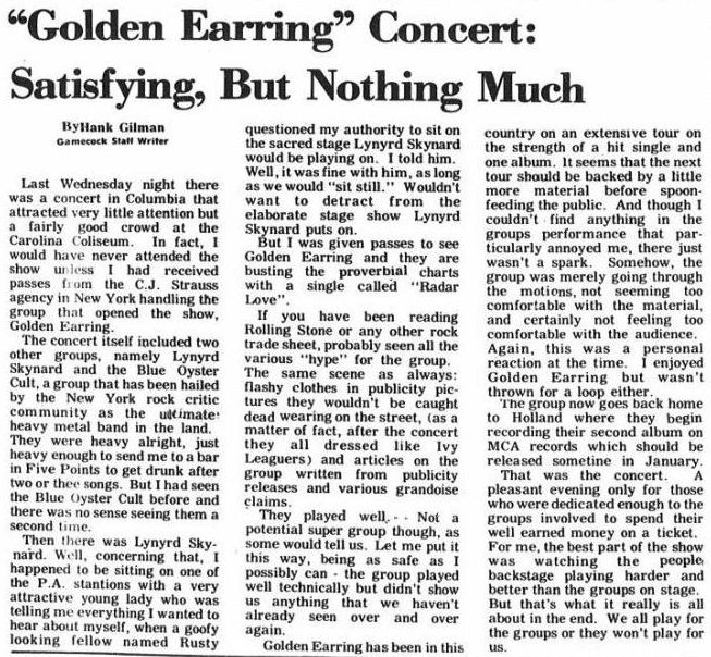 Gamecock Golden Earring show review July 10 1974 Columbia - Carolina Coliseum